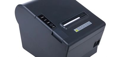 Compact black thermal receipt printer with control buttons and paper slot.