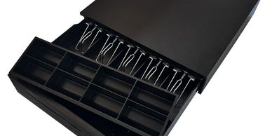 Black metal cash register drawer with compartments and clips.