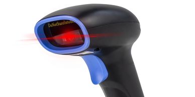 Black and blue handheld barcode scanner emitting red laser light.