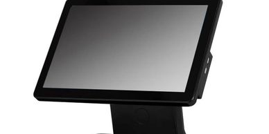 Black touchscreen monitor on a stand with USB ports on the side.