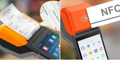 Portable POS device with touchscreen, NFC, waterproof, and barcode scanning features.