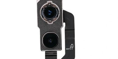 Close-up of a dual-lens smartphone camera module with flex cables.