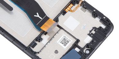 Close-up of a smartphone screen digitizer with flex cable attached.