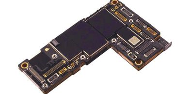 Close-up of a smartphone motherboard with chips and connectors.