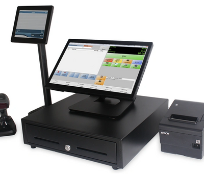 Modern point of sale system with touchscreen, barcode scanner, and receipt printer.
