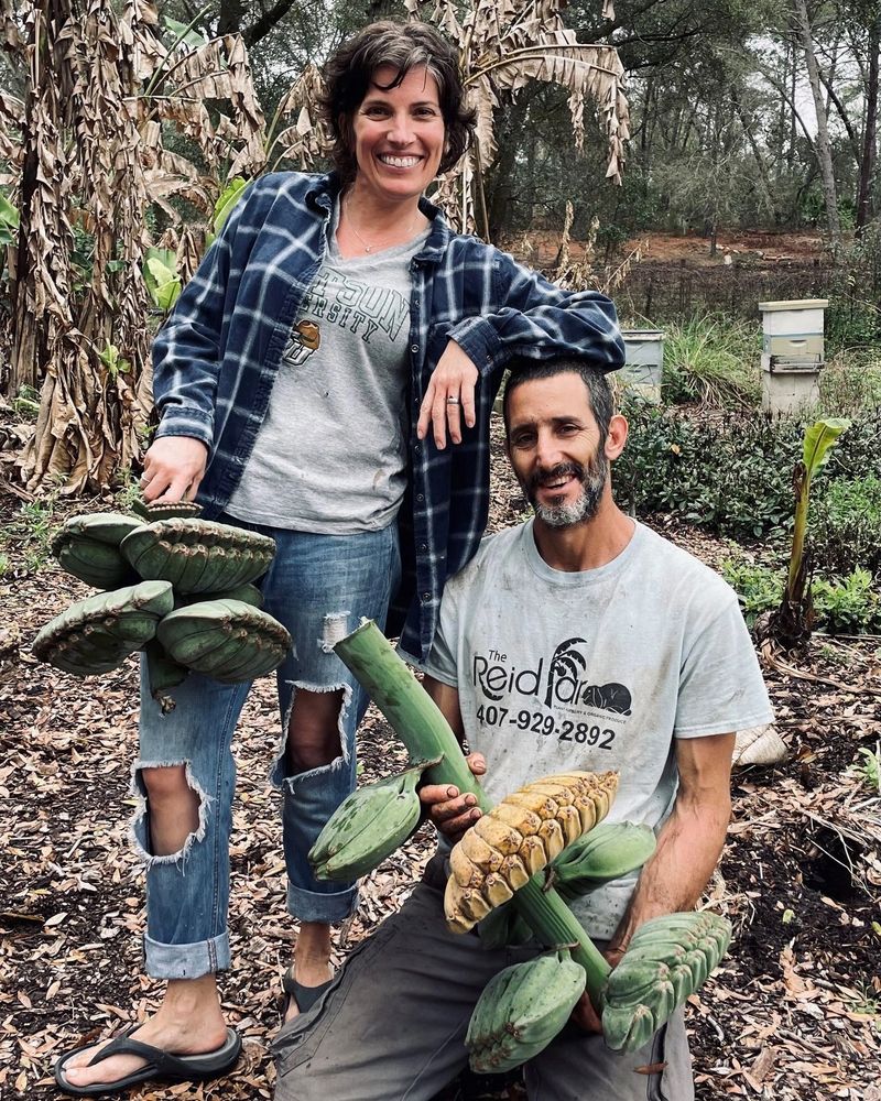 Two people smiling outdoors holding large cluster of unusual green and yellow fruits.