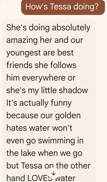 Text exchange praising Tessa's bond with the youngest and her love for water.