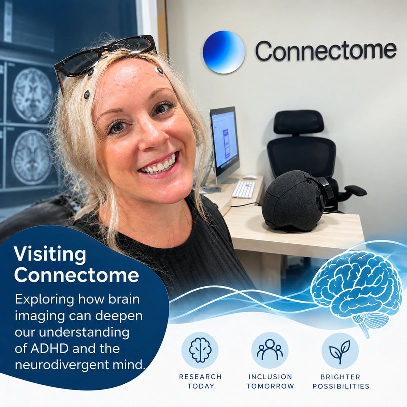 Smiling woman visiting Connectome for brain imaging research on ADHD and neurodivergence.
