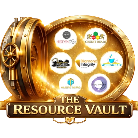 Golden vault door revealing logos of various businesses under 'The Resource Vault'.