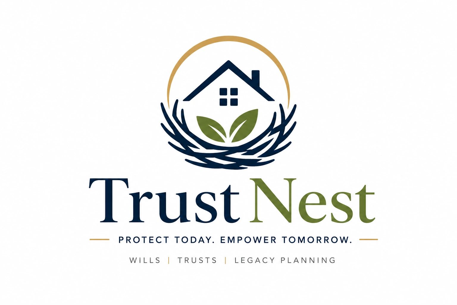TrustNest logo with a house, nest, and leaves symbolizing protection and growth.