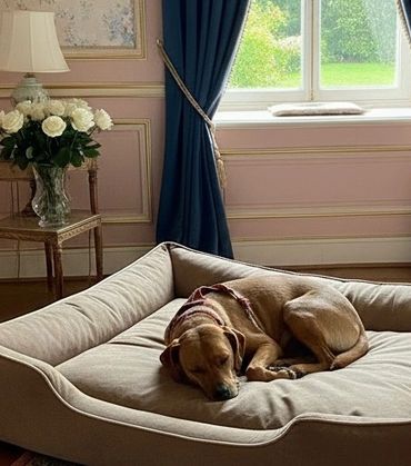 A dog sleeping peacefully on a large beige bed in a cozy room.
