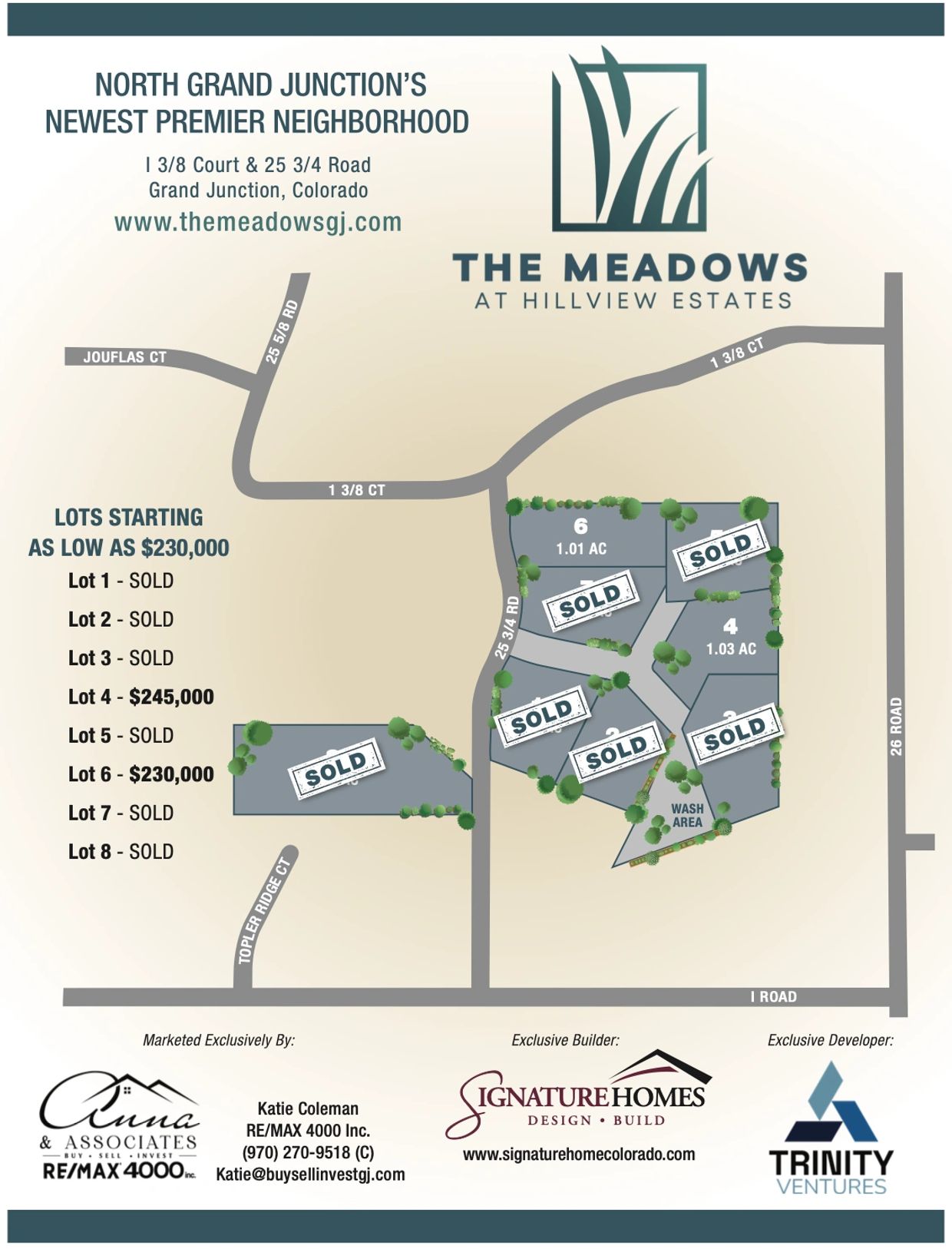 Map showing lots for sale in The Meadows at Hillview Estates, Grand Junction, Colorado.