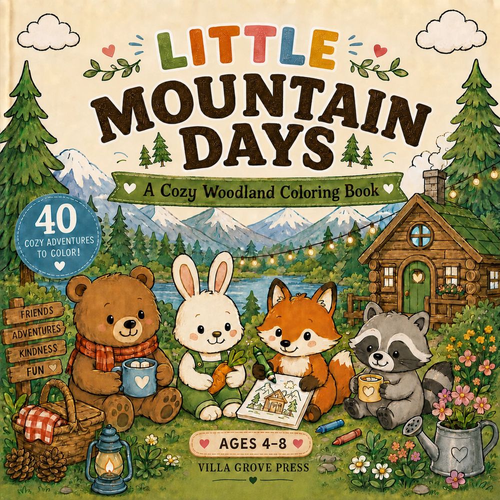 Little Mountain Days coloring book cover featuring Big the Bear, Betty the Bunny, Fred the Fox, and Remy the Raccoon beside a woodland cabin.
