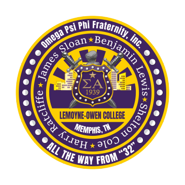 Emblem of Omega Psi Phi Fraternity with college and city names.