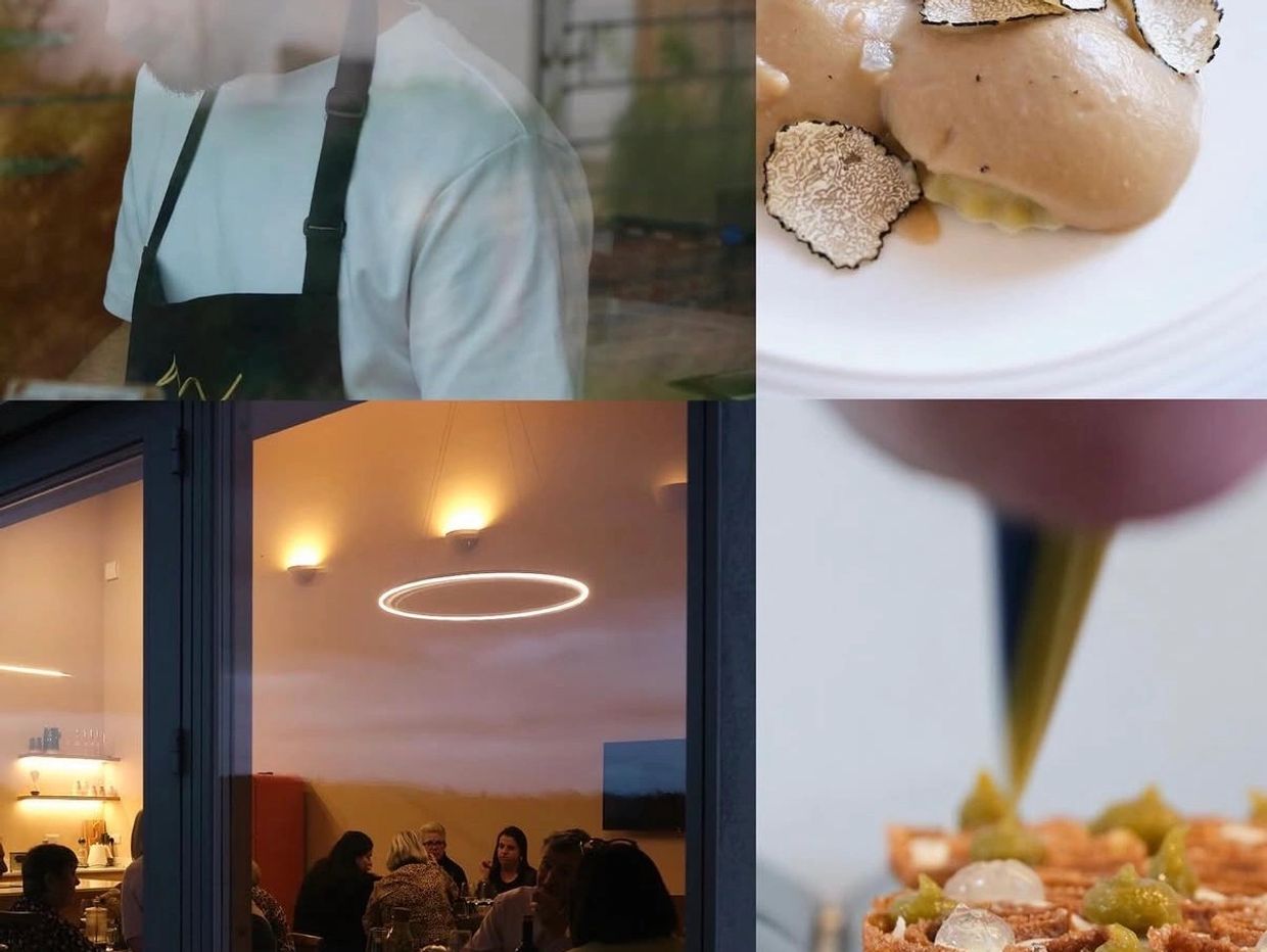 Collage of a restaurant chef, gourmet dishes, and diners.