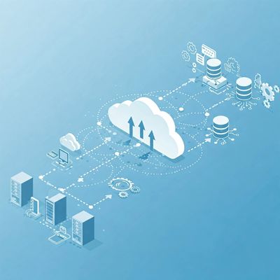 Server information traveling to the cloud environment. The cloud environment is connected to data.