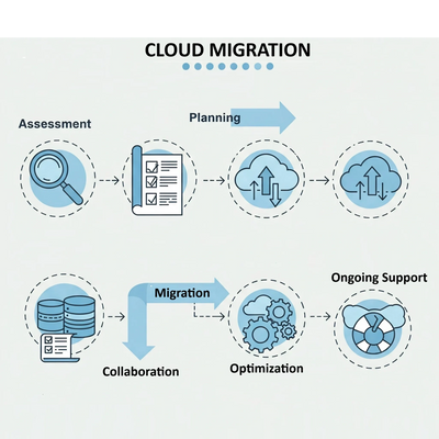Cloud migration steps: Assess, Plan, Migrate, Optimize, Support