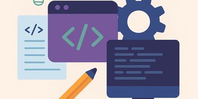 A lightbulb, coding, and a gear icon, representing innovation and cyber security essentials