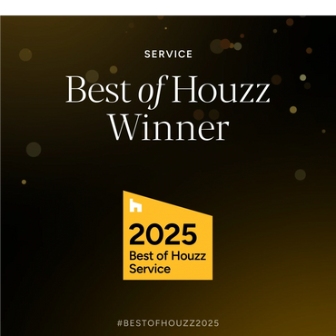 Best of Houzz 2025 Service Winner announcement with golden background.