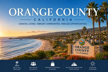 Scenic view of Orange County beach with palm trees and sunset.