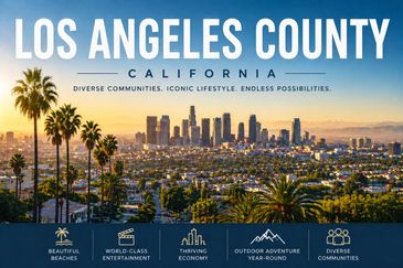 Los Angeles County skyline with palm trees and icons highlighting its attractions.