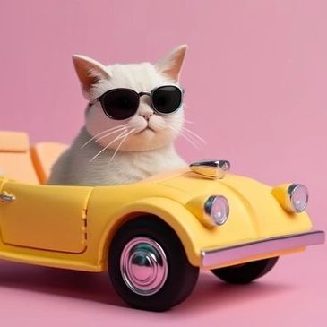 Mobile veterinary care, cat driving a car