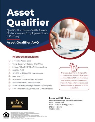 Asset Qualifier loan program details with contact info.