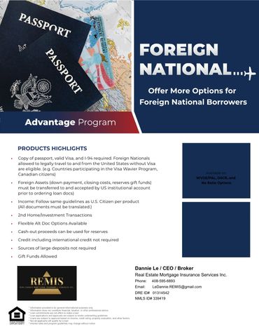 Flyer detailing mortgage options for foreign nationals with passport and visa requirements.