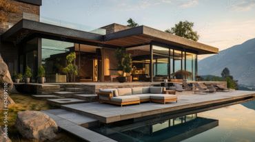 Modern house with glass walls and outdoor seating by a pool at sunset.