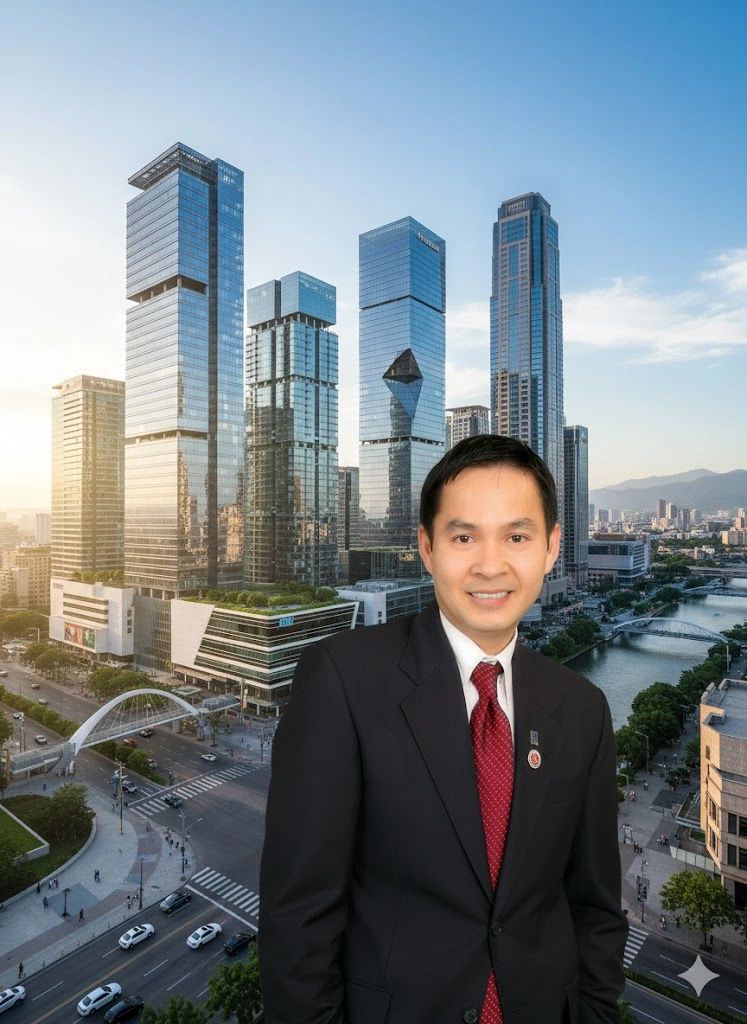 Businessman in a suit with a city skyline background at sunset.