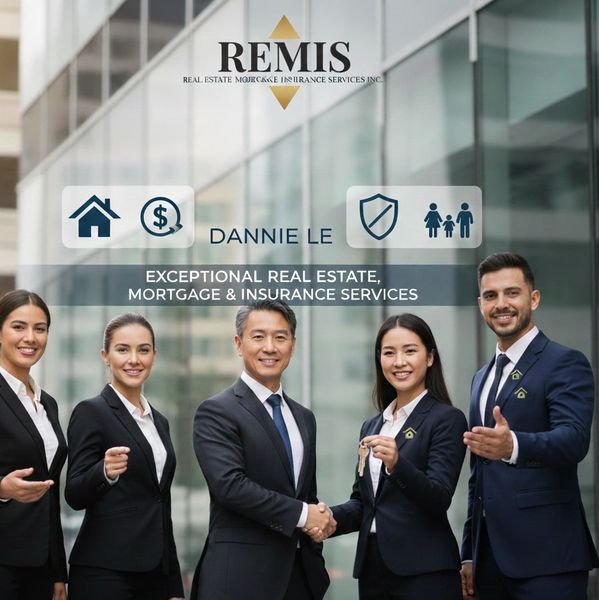 A professional real estate team in suits promoting mortgage and insurance services.