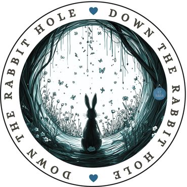 A rabbit sits at the entrance of a whimsical, flower-filled rabbit hole surrounded by butterflies.
