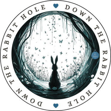 A rabbit gazes into a magical hole surrounded by flowers and butterflies.