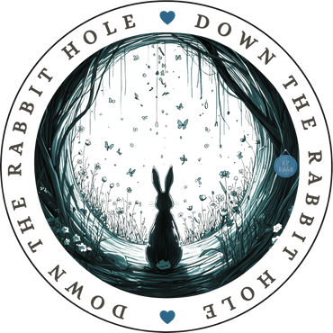 A rabbit sitting at the entrance of a magical rabbit hole surrounded by flowers and butterflies.