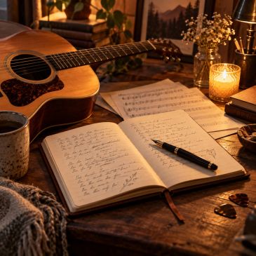Cozy writing and music setup with guitar and candlelight.
