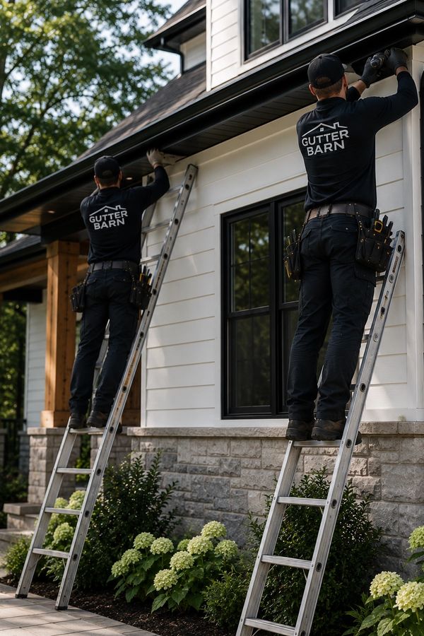 Two workers on ladders installing gutters on a house.