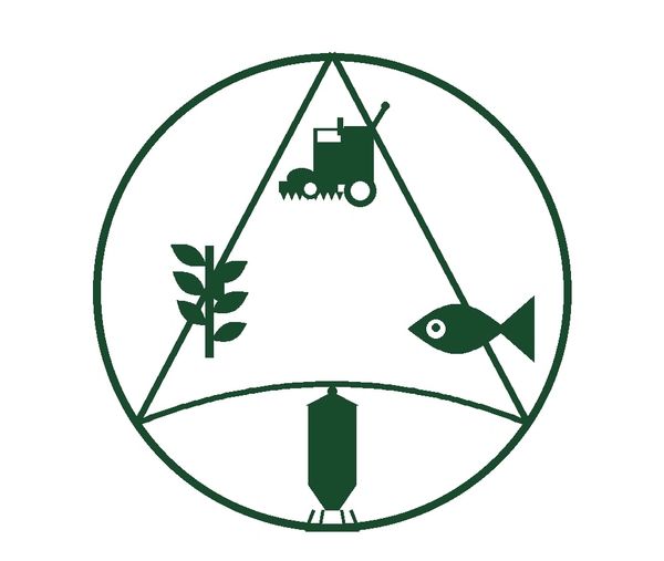 Agriculture, fish, machinery, and storage icons within a circle.