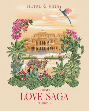 A desert-themed wedding invitation with a camel, palace, and floral frame.