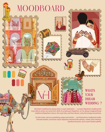 Moodboard showcasing vibrant Rajasthani wedding elements and colors.