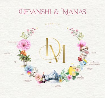 Devanshi and Manas wedding hashtag design with floral, travel, and pet elements.