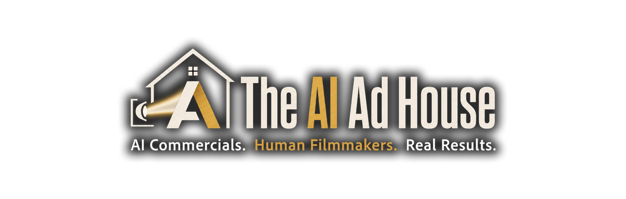 Logo of The AI Ad House with tagline on AI commercials and human filmmakers.