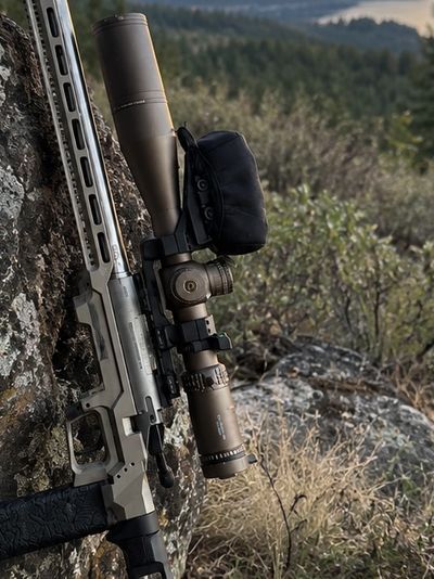 Precision rifle with scope resting against a rock.