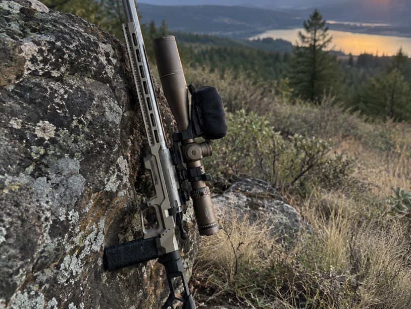 Modern rifle resting against a rock in a natural setting.
