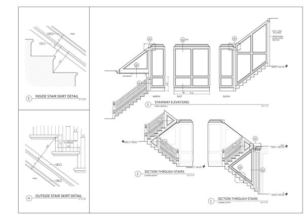 Architectural stairway and skirt details blueprint with sectional views and measurements.