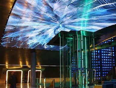 An LED video wall display is on a curved ceiling in the lobby of the Souks Center in Beirut, Lebanon