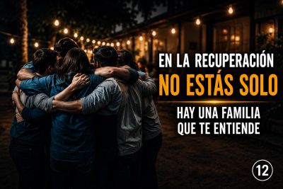 Grupo de personas abrazándose con mensaje de apoyo en la recuperación.