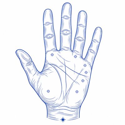 Detailed sketch of a left hand with palm lines and dots marked.