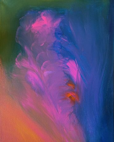 Pink feather like image in front of blue and orange abstract