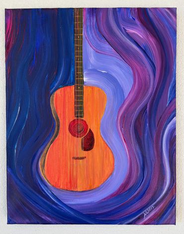 Acoustic Martin guitar with purple and blue swirls in acrylic