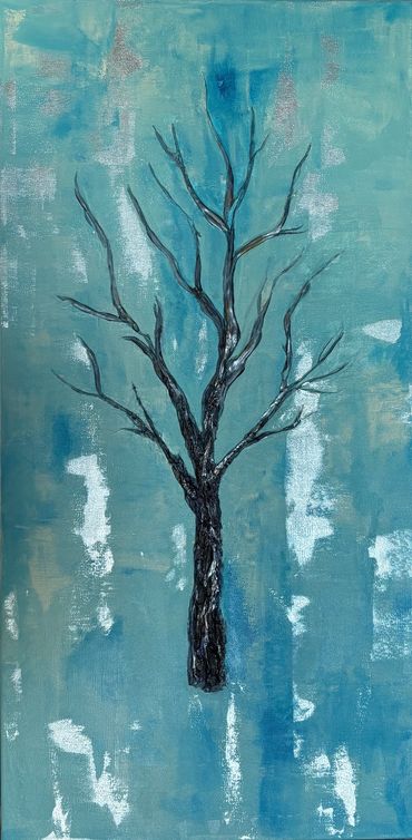 Tree with bare branches, blue and silver background representing winter blues. The tree is textured,